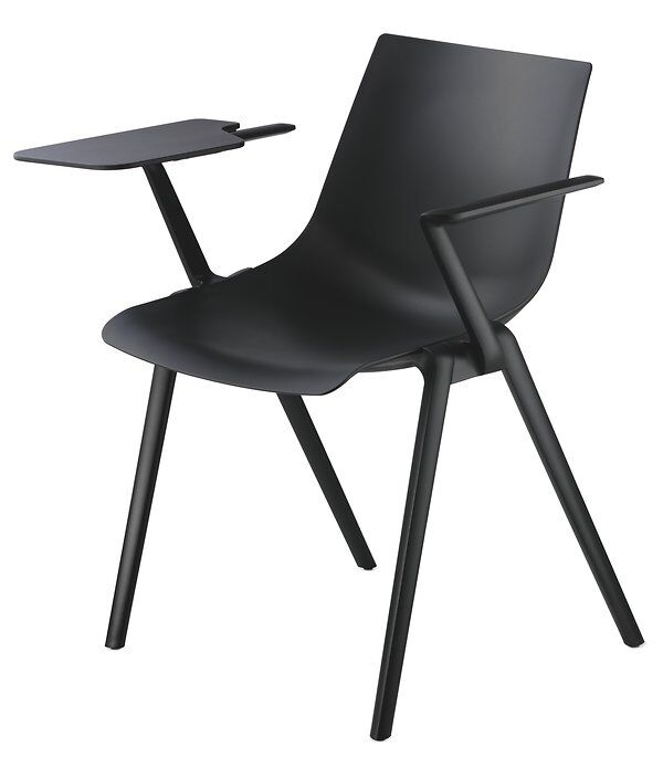 Schwarzer ergonomischer Stuhl mit Schreibplatte, modernes Design, perfekte Ergänzung für Büro- oder Homeoffice-Umgebungen.