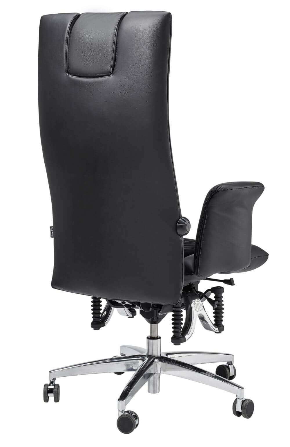 Schwarzer ergonomischer Bürostuhl mit hoher Rückenlehne und verstellbaren Elementen, ideal für dynamisches Sitzen.