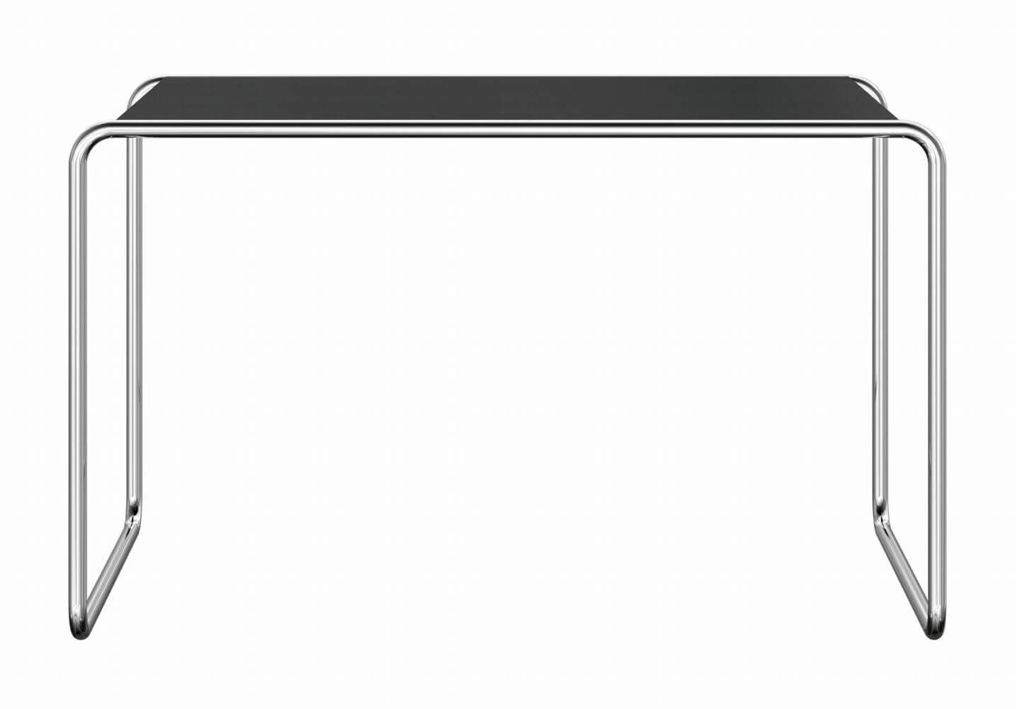 Moderner Schreibtisch mit schwarzer Tischplatte und Chromrahmen, ideal für ergonomische Arbeitsbereiche.