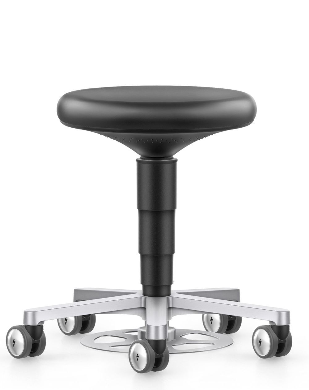 Höhenverstellbarer ergonomischer Hocker mit flexiblem Sitz und stabilem Chromfuß, ideal für dynamisches Sitzen.