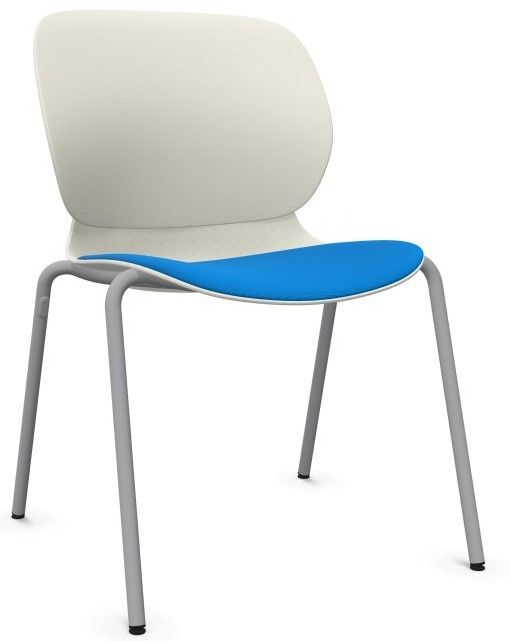 Moderner Stuhl mit cremefarbener Rückenlehne, blauem Sitzpolster und grauen Metallbeinen.