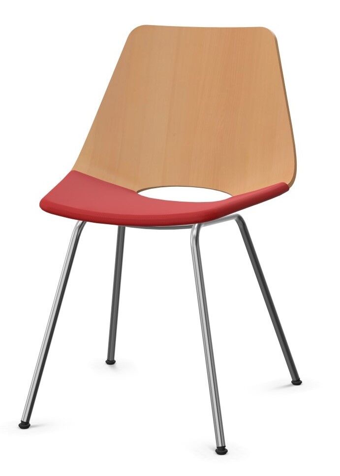 Moderner Stuhl mit Holzrückenlehne, rotem Sitzpolster und schmalen Metallbeinen, ideal für ergonomische Büros.
