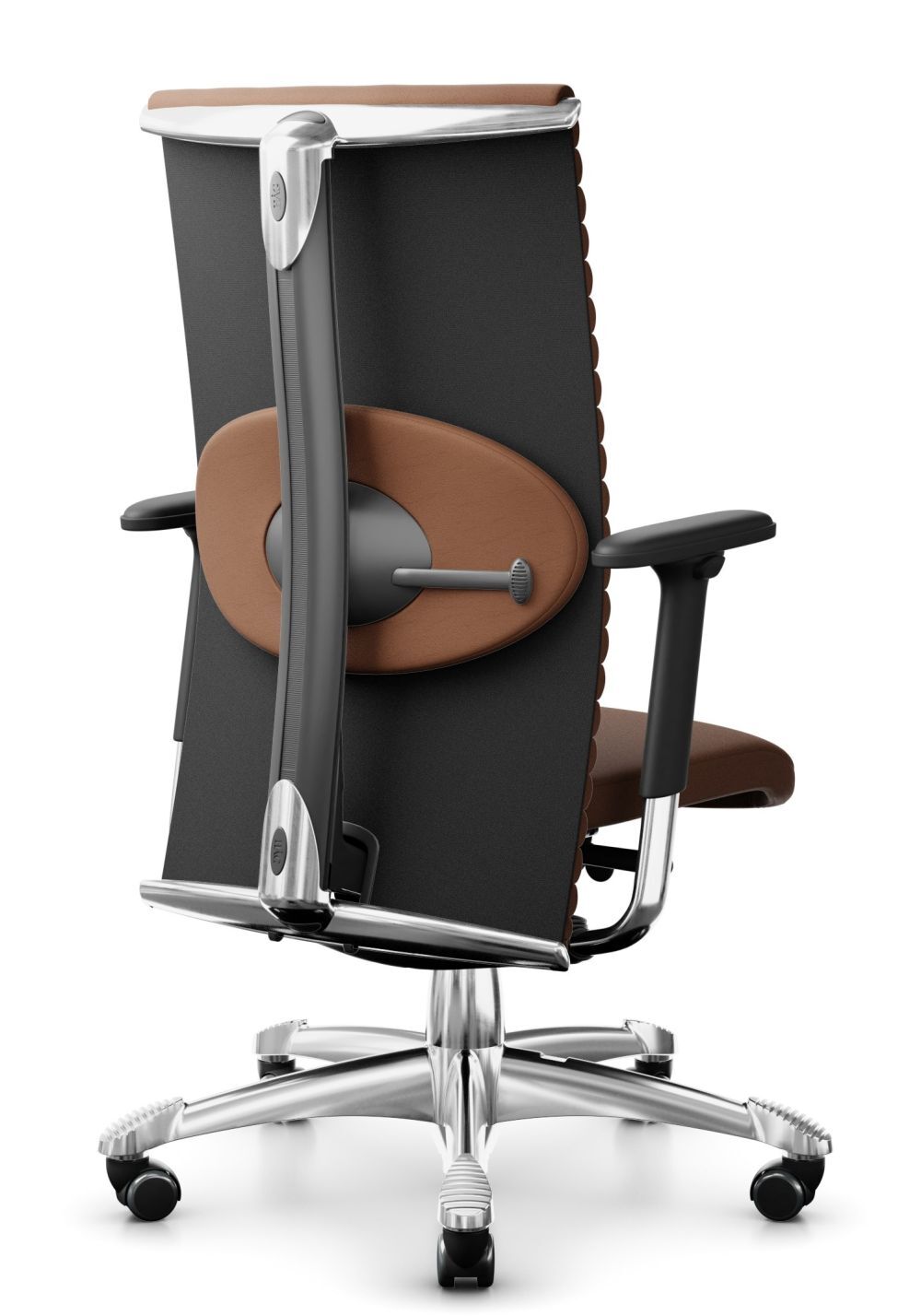 Moderner ergonomischer Bürostuhl mit hoher Rückenlehne, deutlichen Metallakzenten und atmungsaktivem Material für optimalen Komfort.