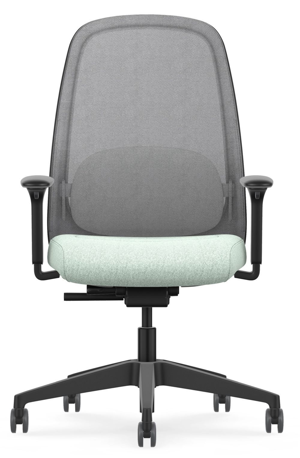 Ergonomischer Bürostuhl mit Netzrückenlehne und gepolstertem Sitz, verstellbare Armlehnen, schwarzes Gestell mit Rollen.