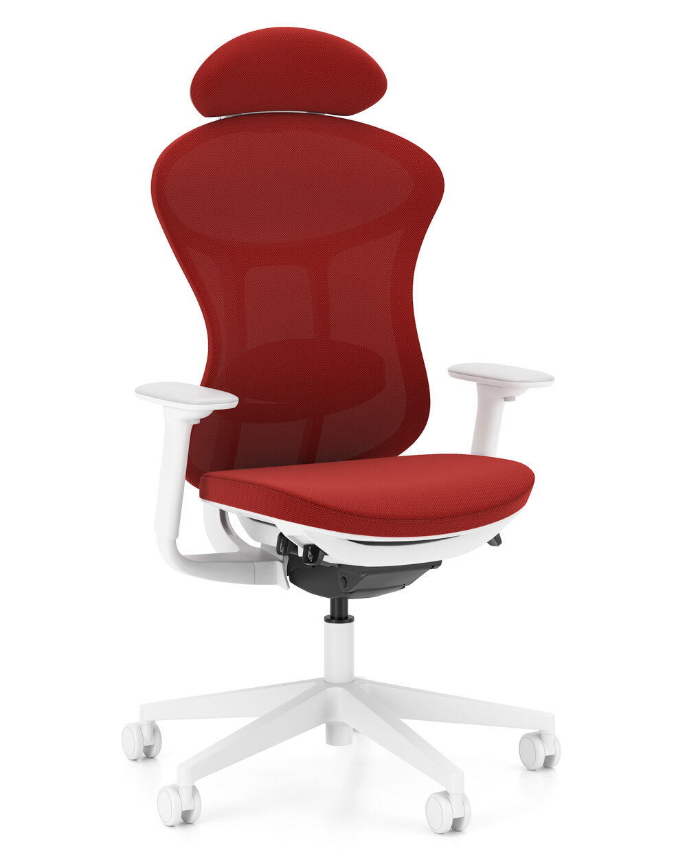 Ergonomischer Bürostuhl in Rot mit verstellbaren Armlehnen und Kopfstütze, ideal für gesundes, dynamisches Sitzen.