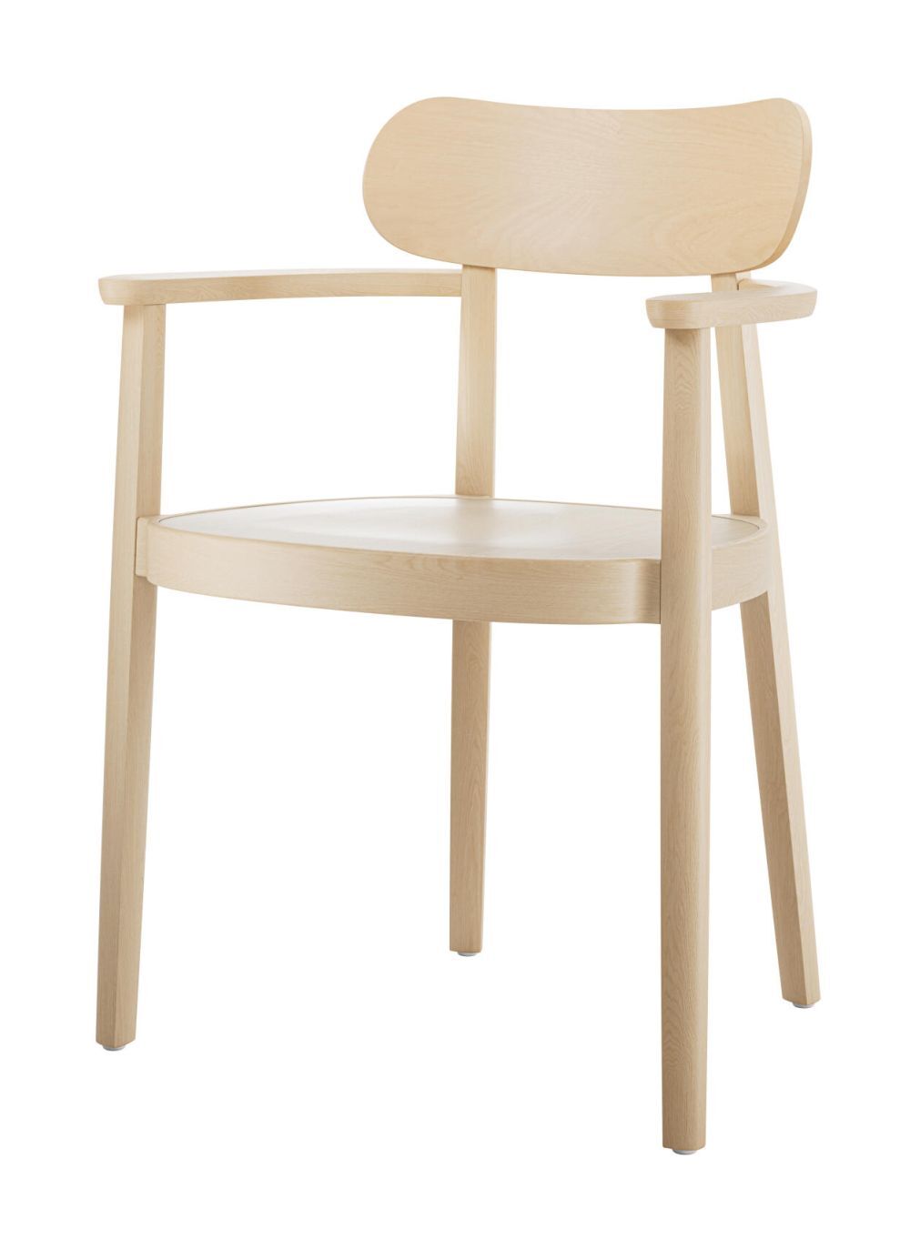 Heller Holzstuhl mit Armlehnen und abgerundeter Rückenlehne, ideal für ergonomisches Sitzen im Büro.