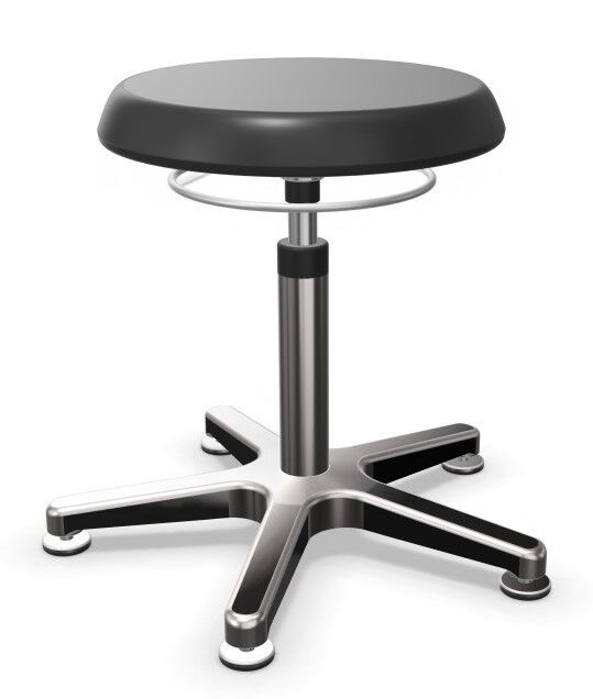 Ergonomischer Hocker mit schwarzem Sitz, verstellbarer Höhe und stabilem Metallfuß für dynamisches Sitzen im Büro.
