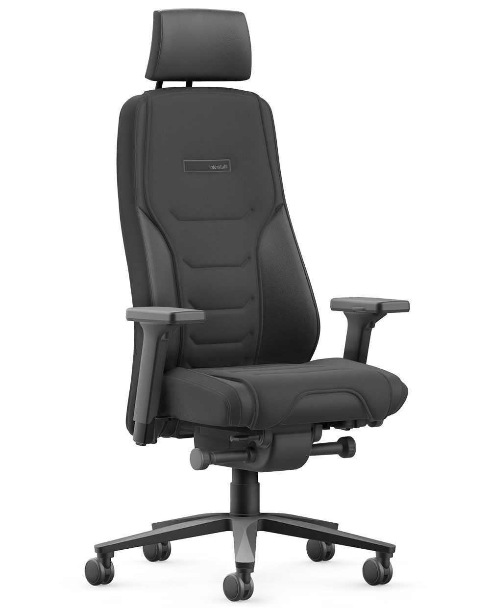 Schwarzer ergonomischer Bürostuhl mit Kopfstütze, gepolsterter Rückenlehne und verstellbaren Armlehnen auf fünfrollen Fußkreuz.