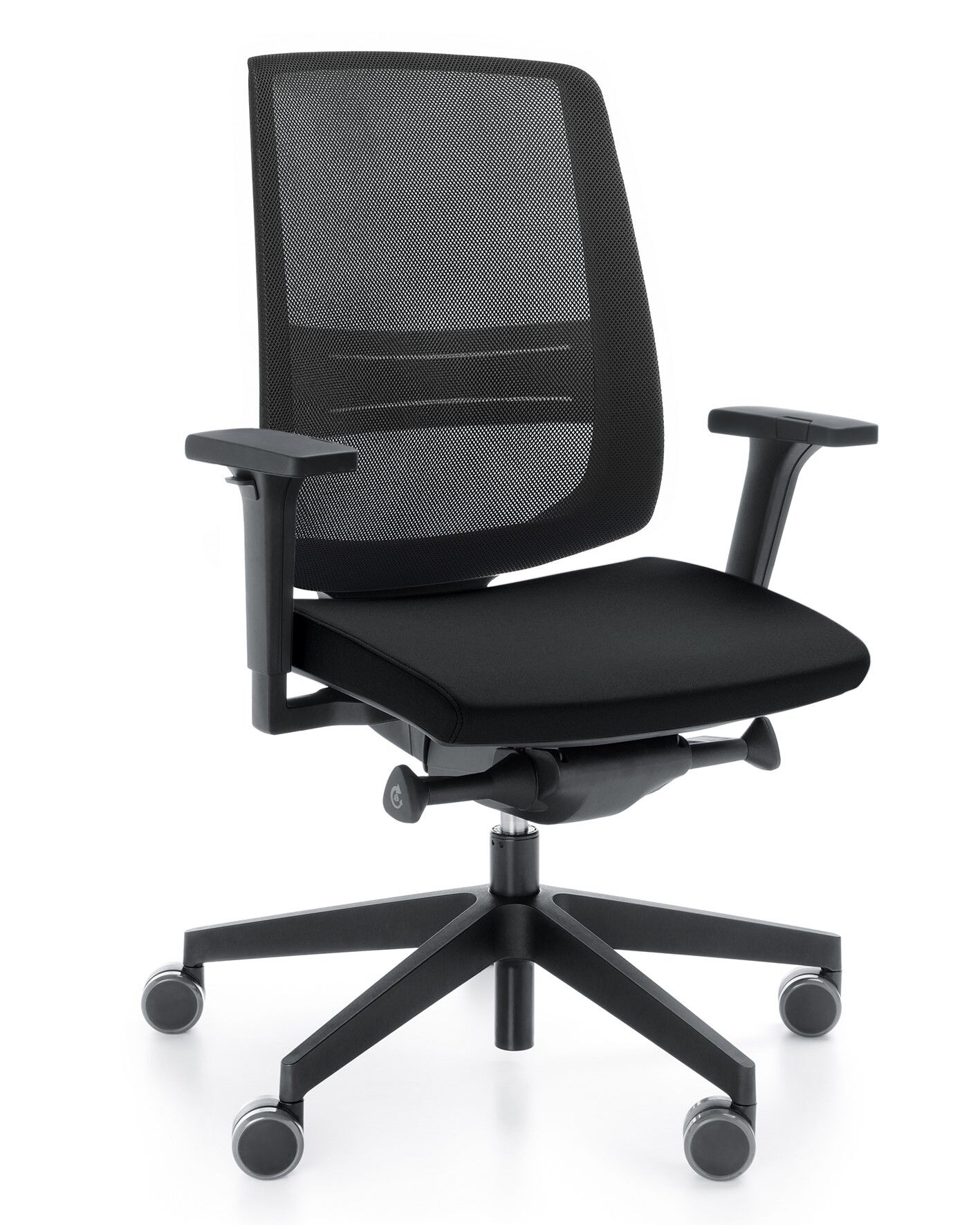 Ergonomischer Bürostuhl mit Netzrückenlehne, verstellbaren Armlehnen und Rollen für dynamisches Sitzen.