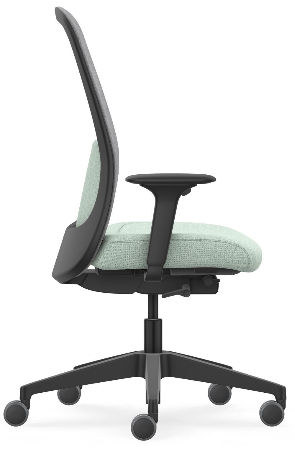 Ergonomischer Bürostuhl mit verstellbaren Armlehnen und mintfarbenem Sitzkissen, seitliche Ansicht auf Rädern.