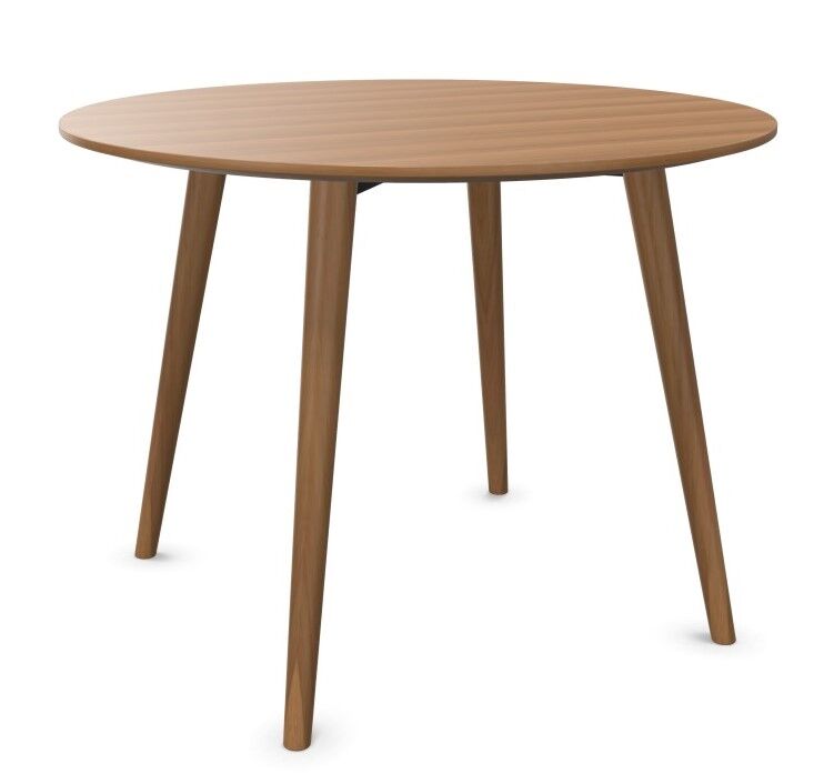 Runder Holztisch mit glatter Oberfläche und vier schrägen Beinen, ideal für Büro- oder Wohnräume.