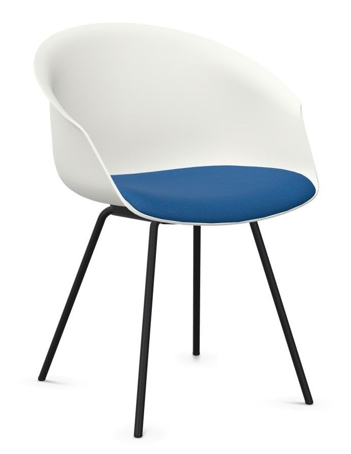 Moderner Stuhl mit weißer Rückenlehne, blauer Sitzfläche und schwarzen Metallbeinen, ideal für ergonomische Büros.