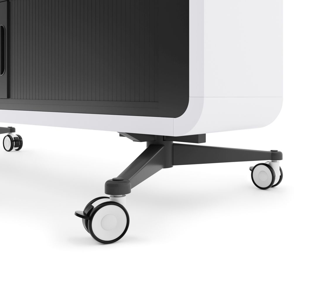 Detailansicht eines modernen Schreibtisches auf Rollen, betont die funktionale Mobilität und ergonomisches Design.