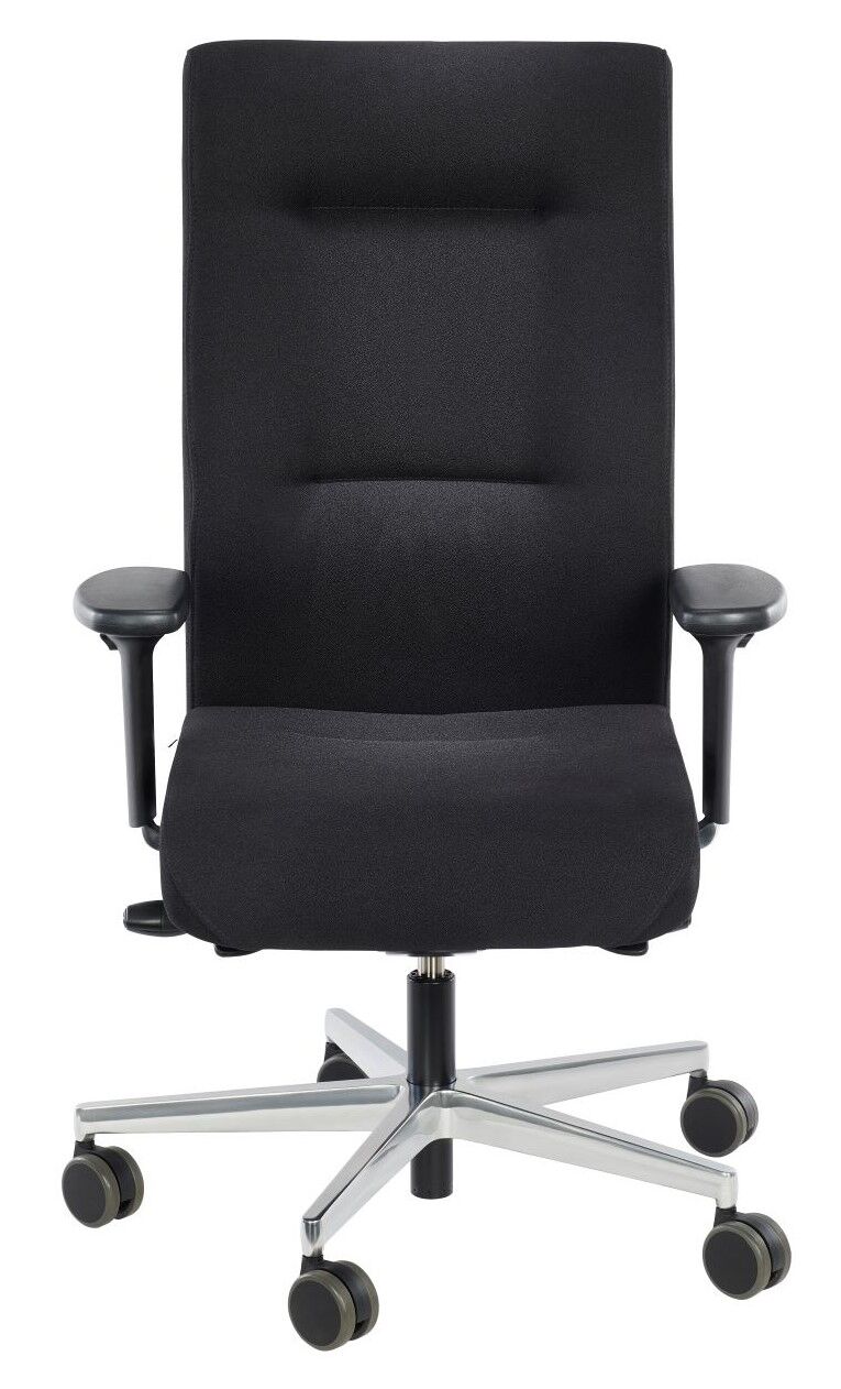 Schwarzer ergonomischer Bürostuhl mit hoher Rückenlehne und verstellbaren Armlehnen auf einem fünfarmigen Rollfuß.