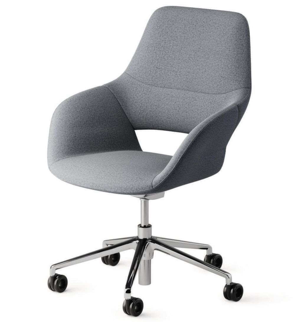 Grauer ergonomischer Bürostuhl mit gepolstertem Sitz und verstellbarem Drehgestell auf Rollen.