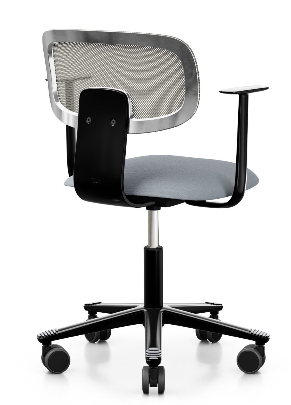 Schwarzer ergonomischer Bürostuhl mit Netzrückenlehne und fünf Rollen für ideale Bewegungsfreiheit und Komfort.