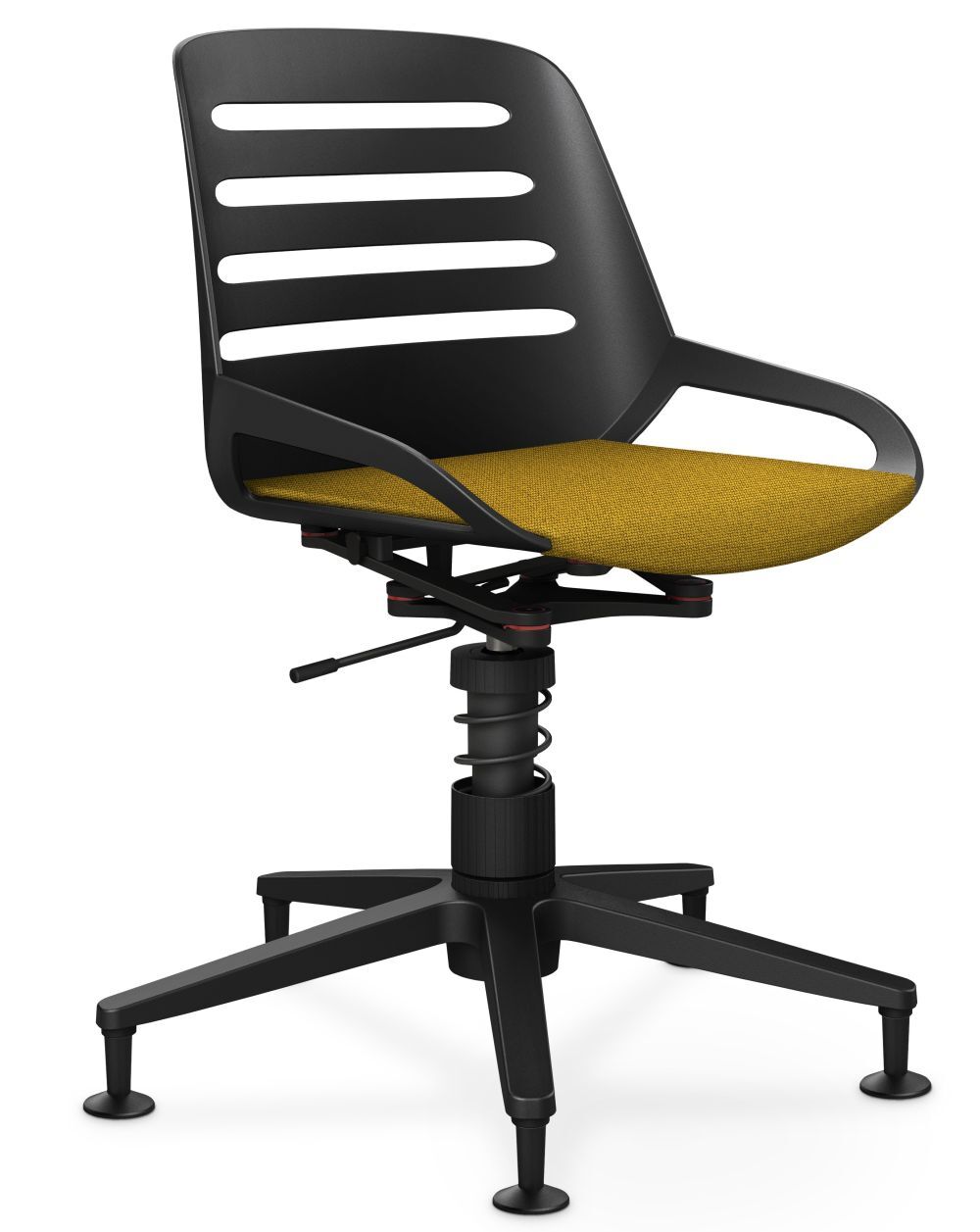 Moderner ergonomischer Bürostuhl mit schwarzer Rückenlehne und gelbem Sitzpolster, einstellbare Höhe für dynamisches Sitzen.