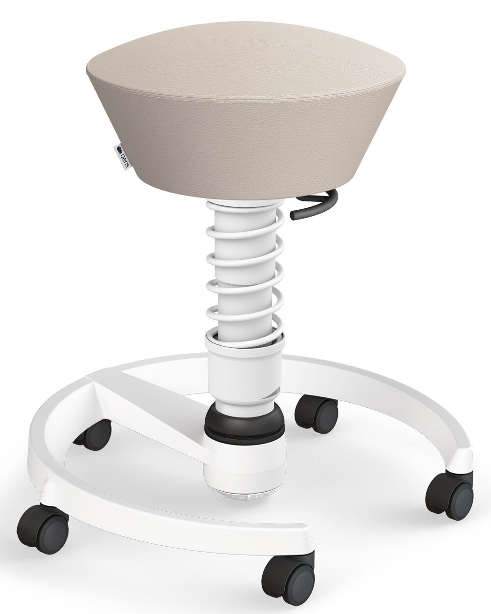 Ergonomischer Hocker mit beigem Sitz, höhenverstellbarem Mechanismus und weißen Rollen für dynamisches Sitzen.
