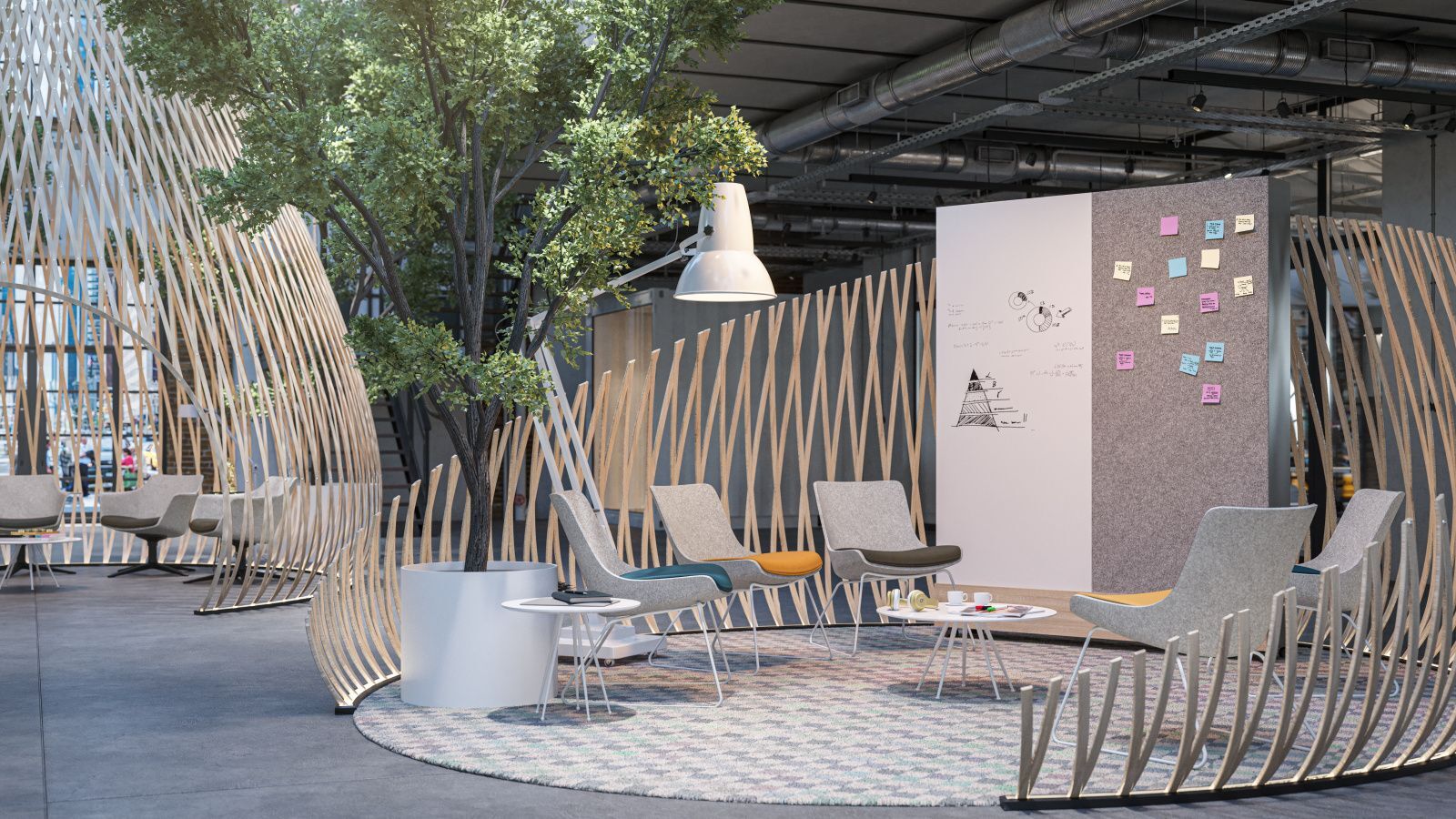 Moderne Büroeinrichtung mit ergonomischen Stühlen, Whiteboard, Post-its, umgeben von Holzstruktur und einem Baum.