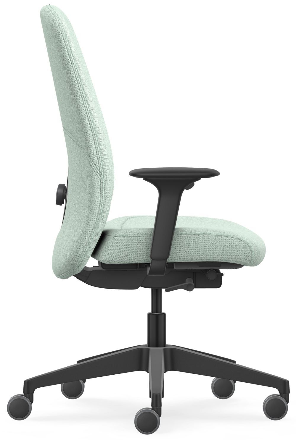 Ergonomischer Bürostuhl mit hellgrünem Stoffbezug, schwarzem Gestell und Rollen für dynamisches Sitzen im Büro.