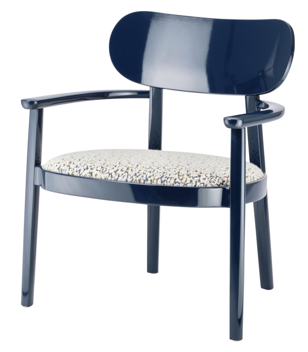 Blauer ergonomischer Stuhl mit runder Lehne und gepolsterter, gemusterter Sitzfläche für dynamisches Sitzen.