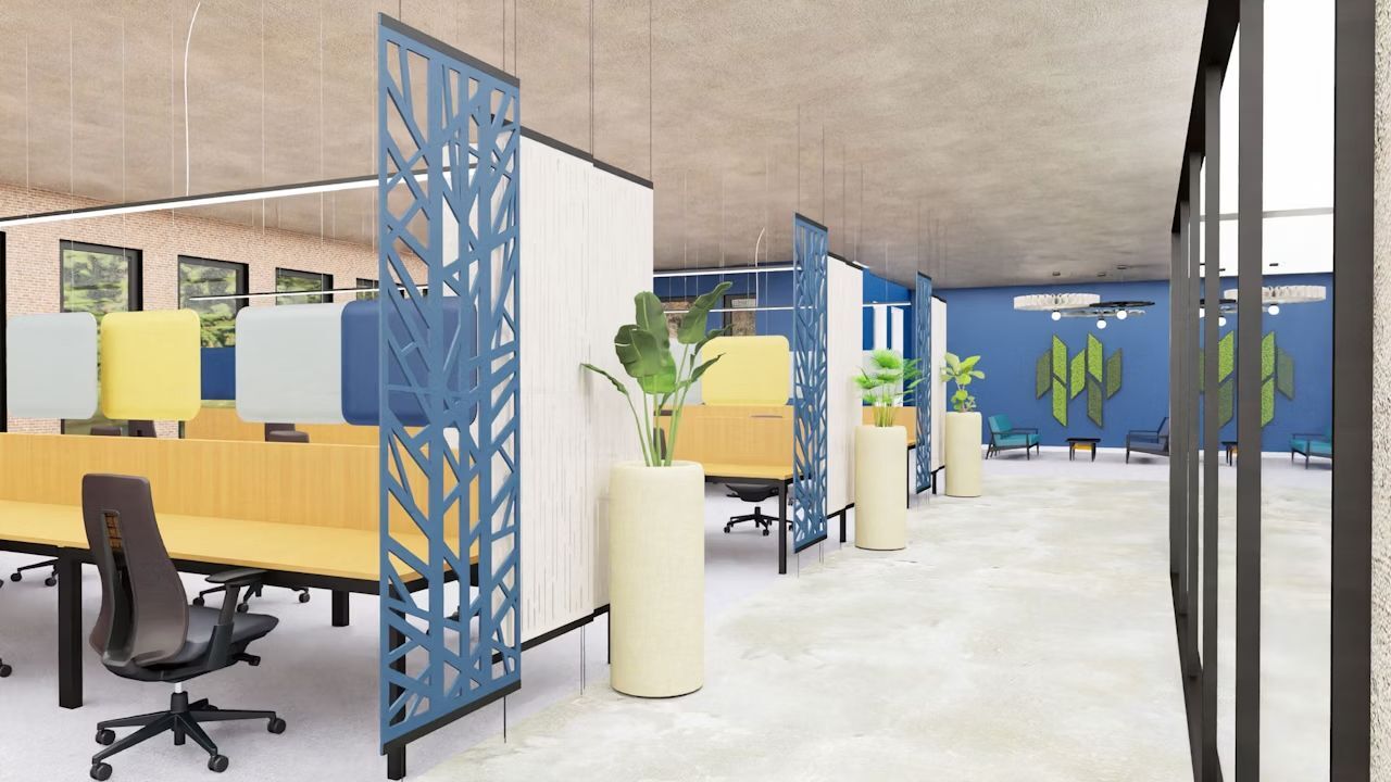 Modernes Büro mit ergonomischen Stühlen, Trennwänden und Pflanzen, gestaltet für dynamisches und gesundes Sitzen.