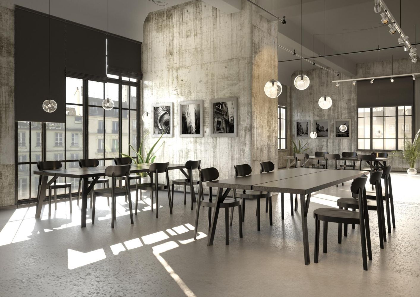 Modernes Besprechungszimmer mit großen Fenstern, schwarzen Stühlen und Tischen, mit minimalistischen, industriellen Akzenten.