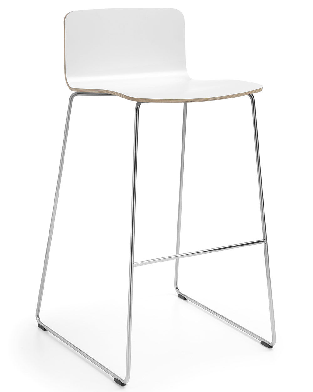 Moderner weißer Barhocker mit schlanken Metallbeinen und minimalistischer Gestaltung. Ideal für stilvolle Arbeitsumgebungen.