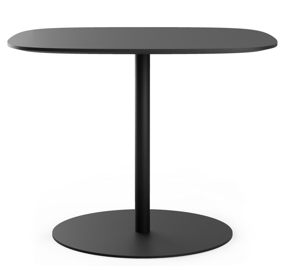 Runder, moderner schwarzer Tisch mit Mittelsäule und flacher Basis, ideal für Büros und Besprechungen.