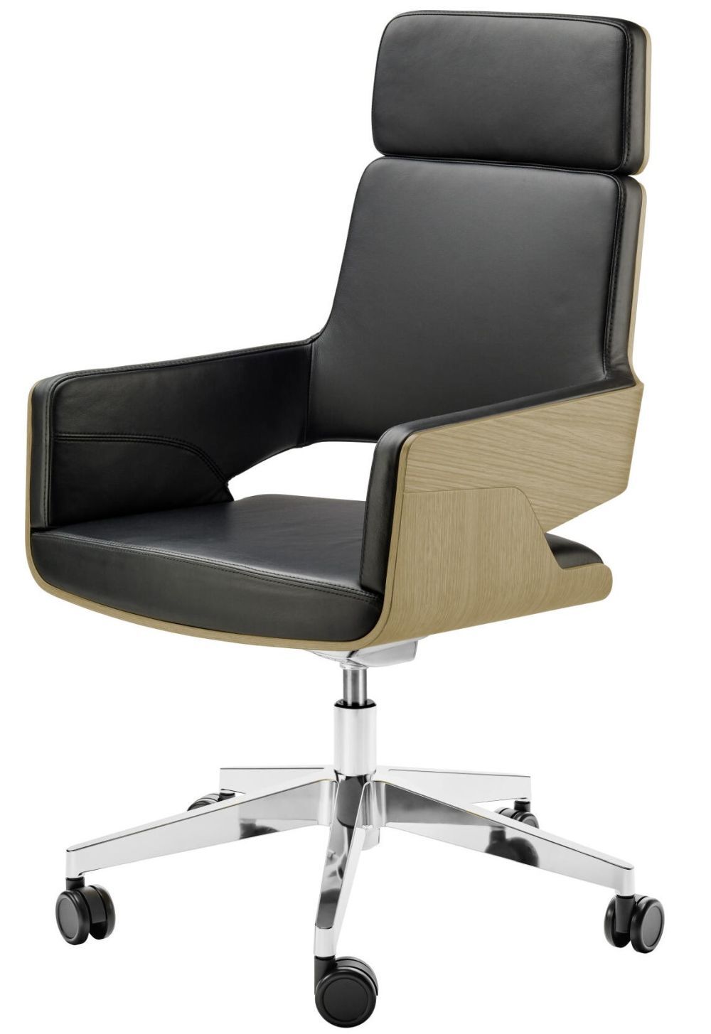 Schwarz gepolsterter Bürostuhl mit Holzverkleidung, verstellbarem Drehfuß und Rollen für ergonomisches Sitzen.