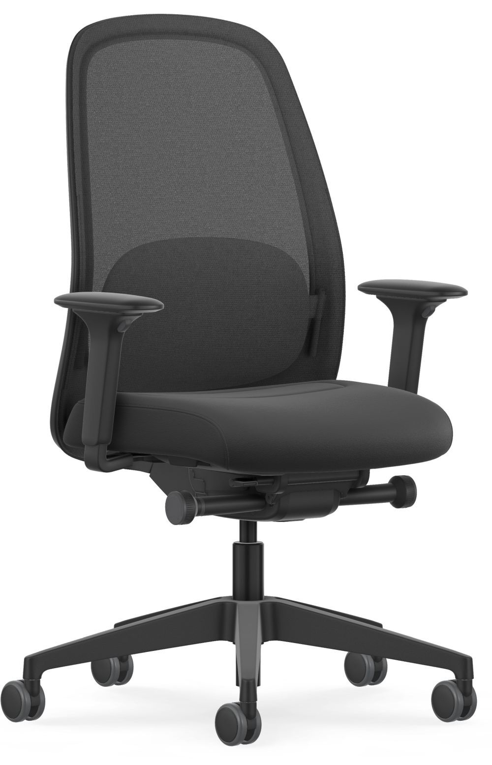Ergonomischer Bürostuhl mit Netzrückenlehne und verstellbaren Armlehnen, ideal für dynamisches Sitzen am Arbeitsplatz.
