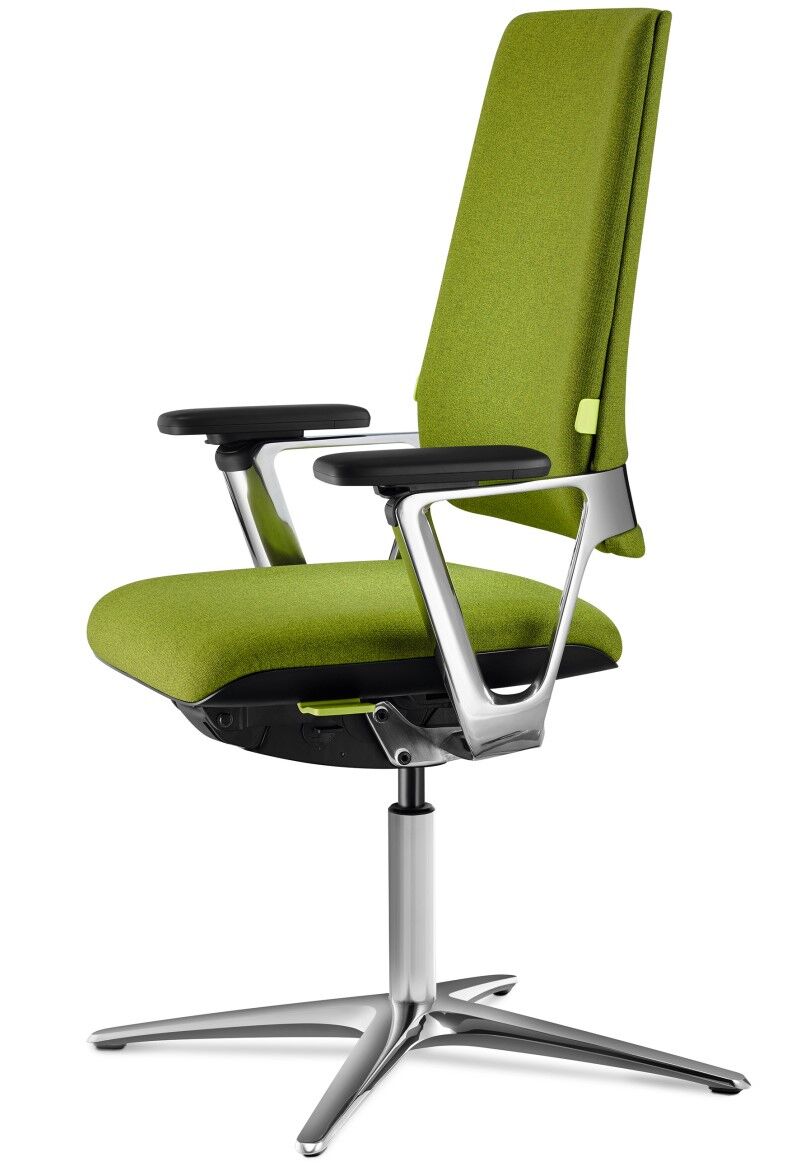Ergonomischer Drehstuhl in Grün mit verstellbaren Armlehnen und stabiler Metallbasis für dynamisches Sitzen.