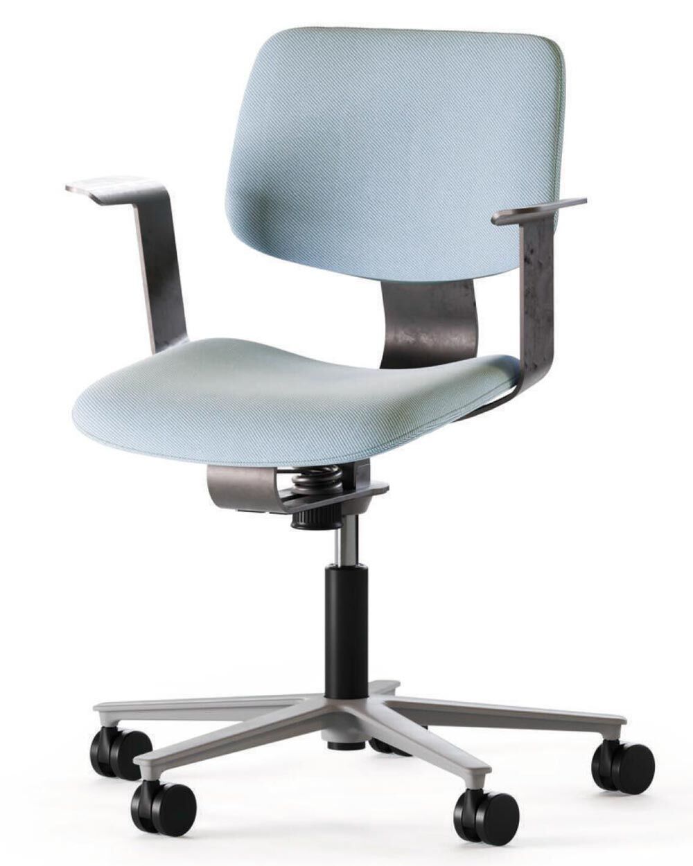 Moderner ergonomischer Bürostuhl mit hellblau gepolstertem Sitz, schwarzen Armlehnen und verstellbarem Drehfuß auf Rollen.