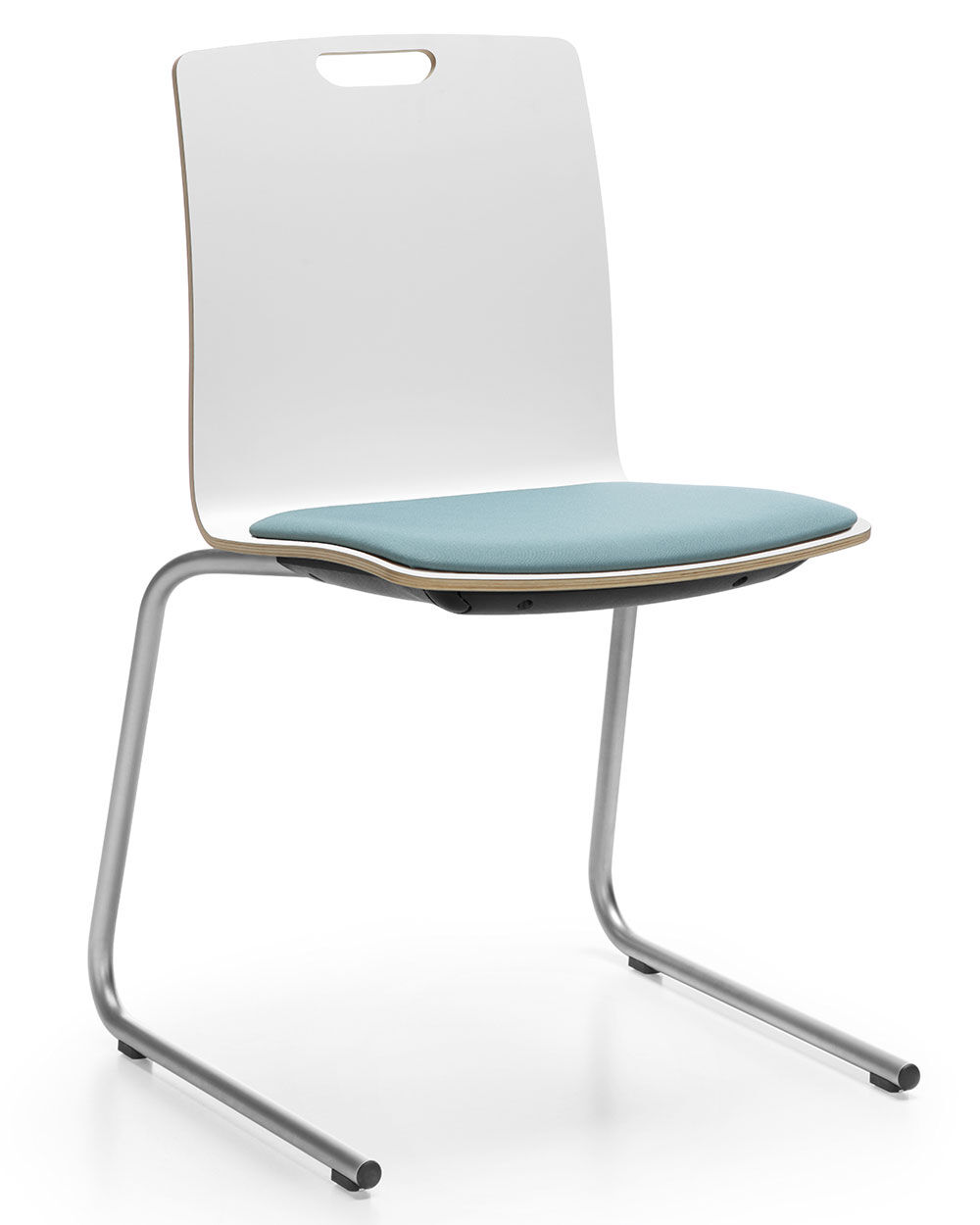 Moderner, ergonomischer Stuhl mit weißer Rückenlehne und blauem Sitzpolster auf Metallgestell.