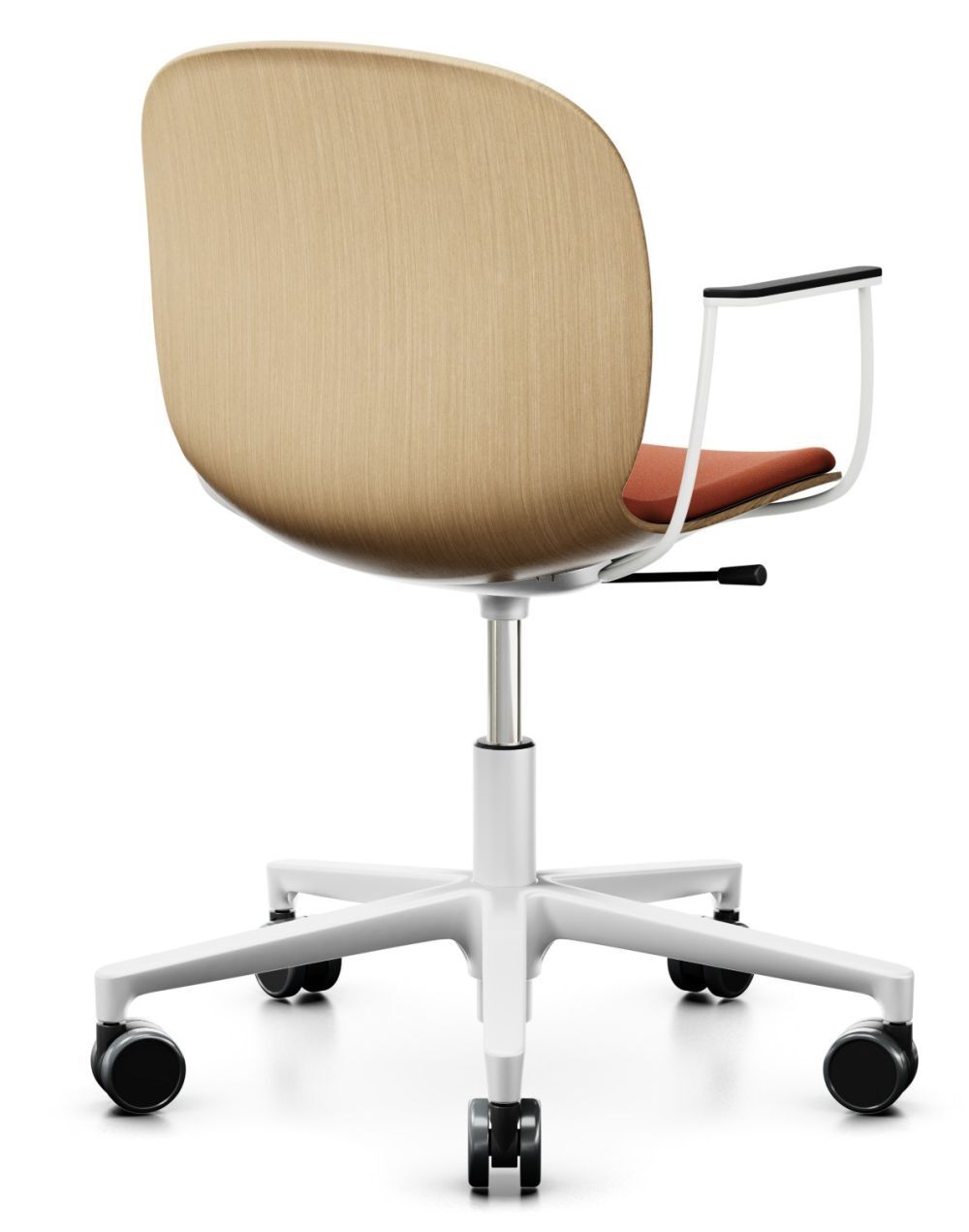 Ergonomischer Bürostuhl mit Holzrückseite, roter Sitzfläche und weißen Armlehnen, geeignet für gesundes Arbeiten.