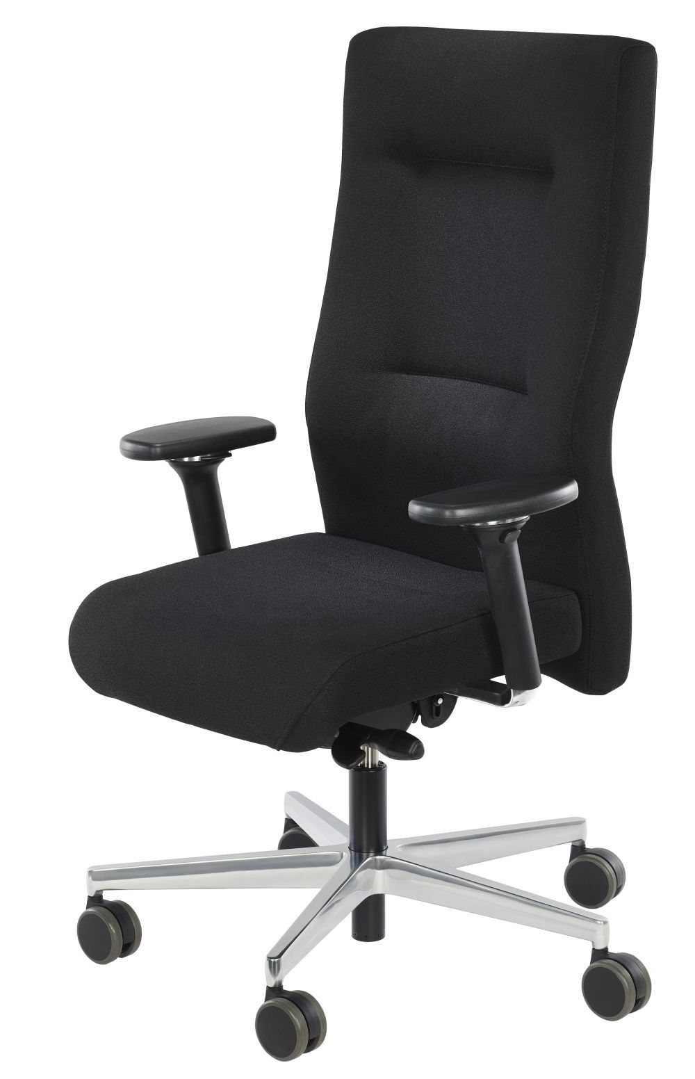 Ergonomischer Bürostuhl mit hoher Rückenlehne, gepolstertem Sitz und verstellbaren Armlehnen auf einem stabilen Rollensockel.