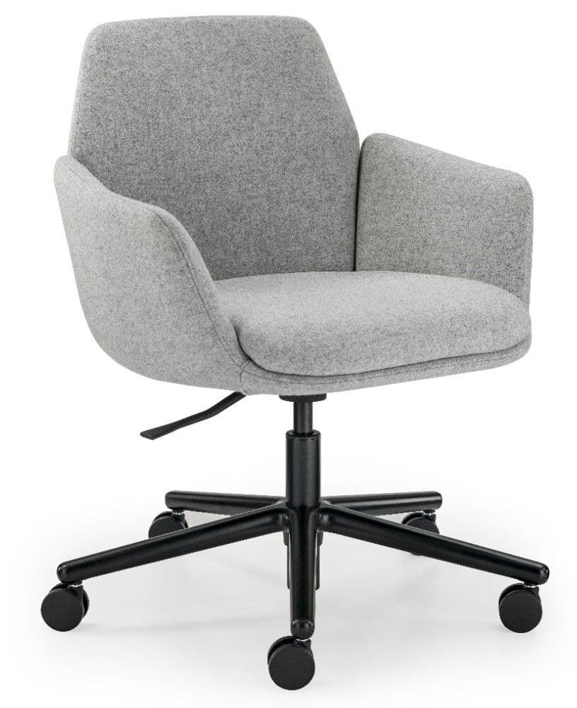 Grauer ergonomischer Bürostuhl mit gepolsterten Armlehnen und schwarzem Rollfußgestell für dynamisches Sitzen.