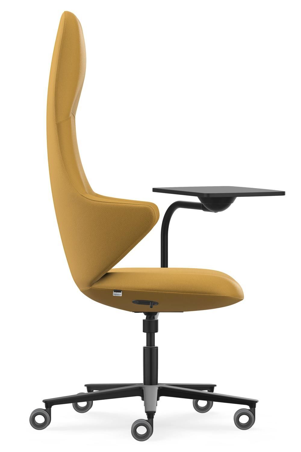 Ergonomischer Bürostuhl in Gelb mit hoher Rückenlehne und schwarzem Ablagetisch, montiert auf Rollen.