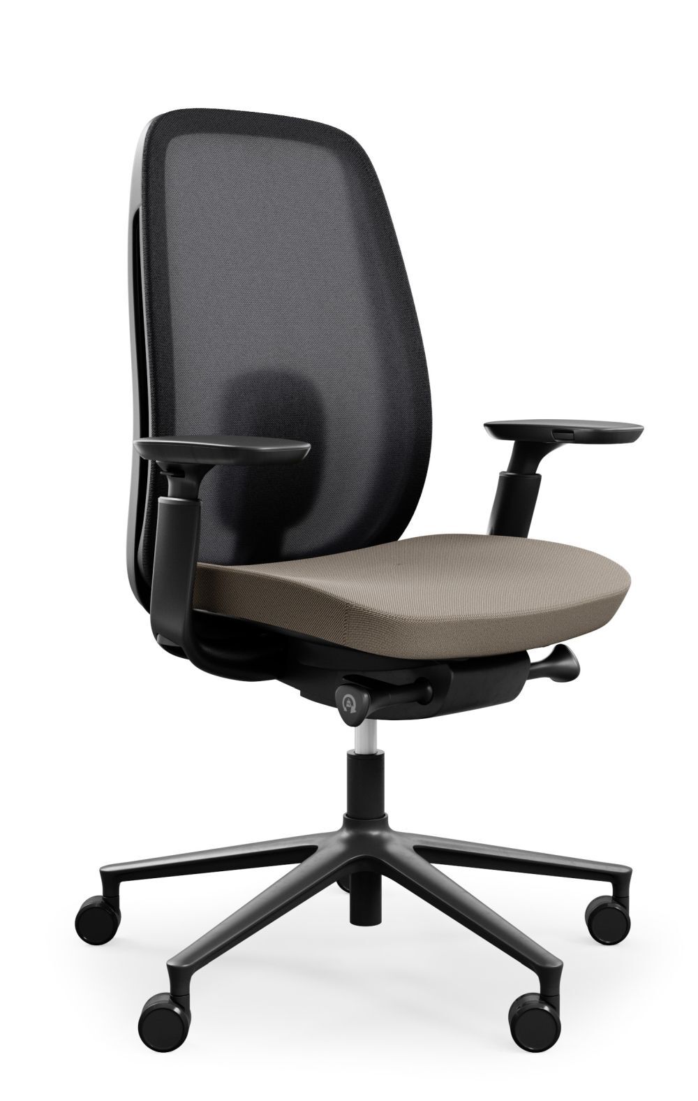 Ergonomischer Bürostuhl mit schwarzer Rückenlehne, gepolstertem Sitz in Beige und verstellbaren Armlehnen auf Rollen.