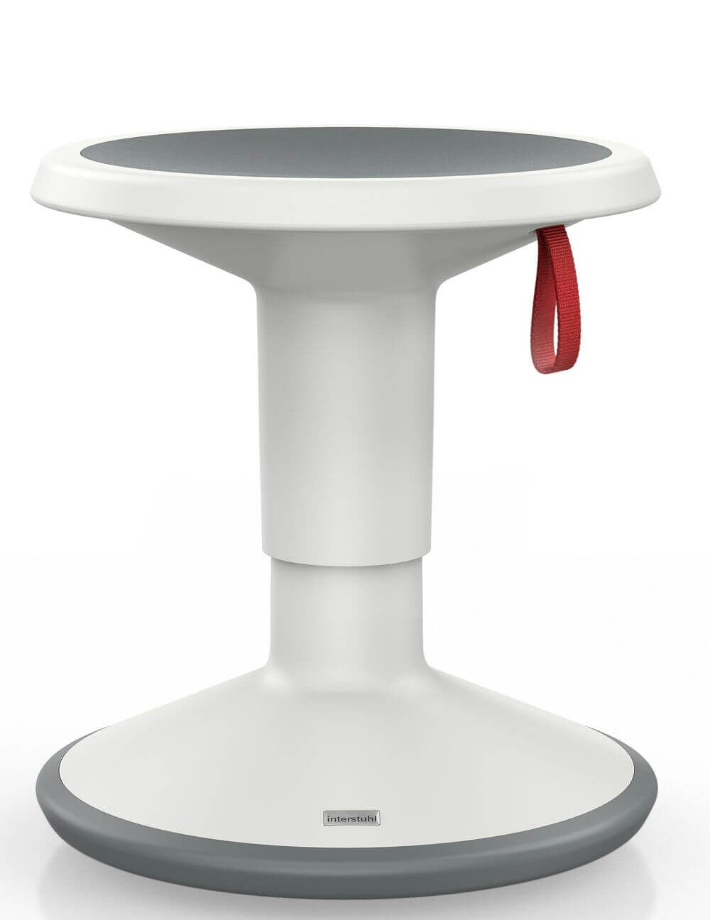 Ergonomischer Balancehocker mit grauer Sitzfläche und rotem Tragegriff, ideal für dynamisches Sitzen im Büro.