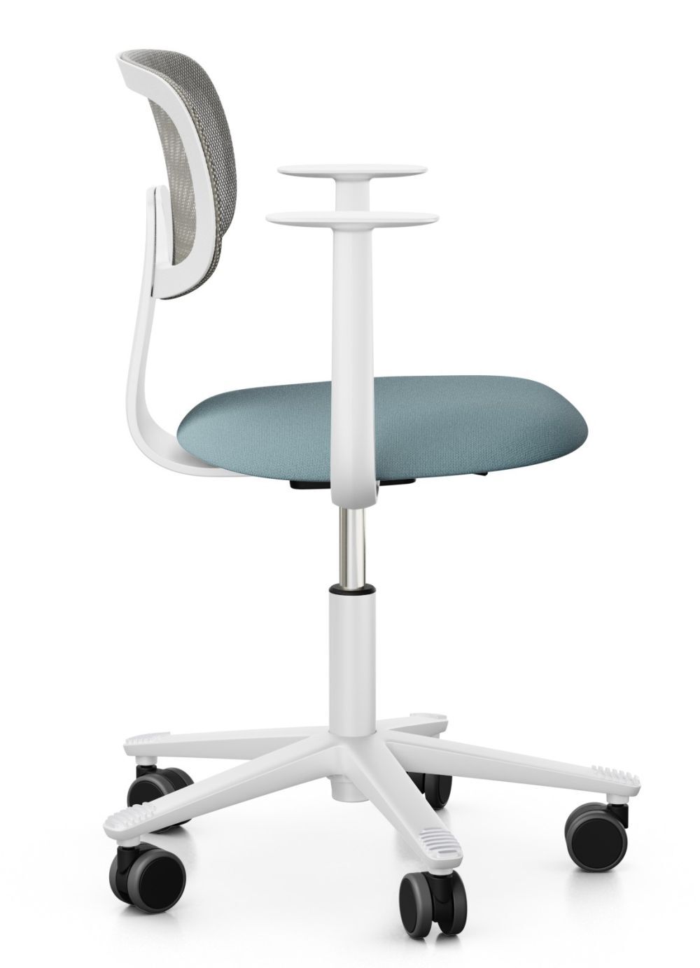 Ergonomischer Bürostuhl mit weißem Rahmen, blauem Sitz und netzartiger Rückenlehne, fördert dynamisches Sitzen.