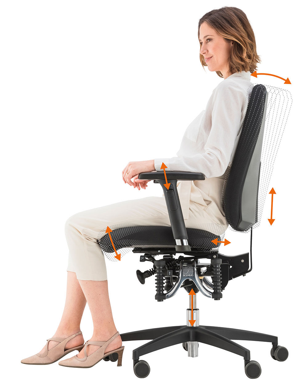Frau sitzt auf ergonomischem Stuhl, zeigt dynamische Bewegungen und Verstellmöglichkeiten für gesundes Sitzen.