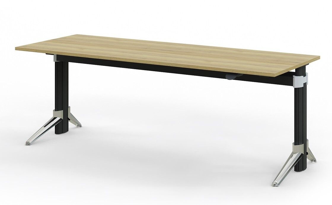 Ergonomischer Holztisch mit schwarzem Gestell und Metallbeinen, ideal für dynamisches Arbeiten im Büro.