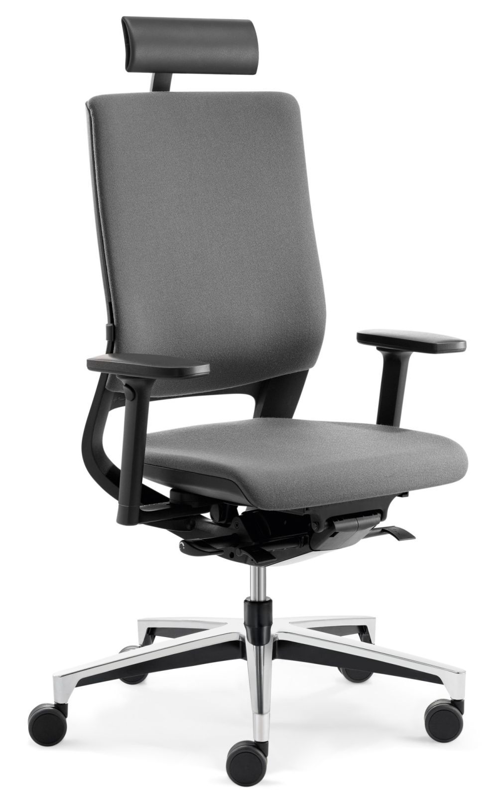 Grauer ergonomischer Bürostuhl mit verstellbarer Kopfstütze und Armlehnen, auf einem drehbaren, fünfarmigen Gestell.