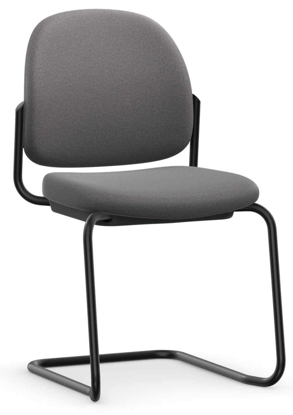 Freischwinger-Bürostuhl mit grauem Polster und schwarzem Metallgestell, ideal für ergonomisches Sitzen.