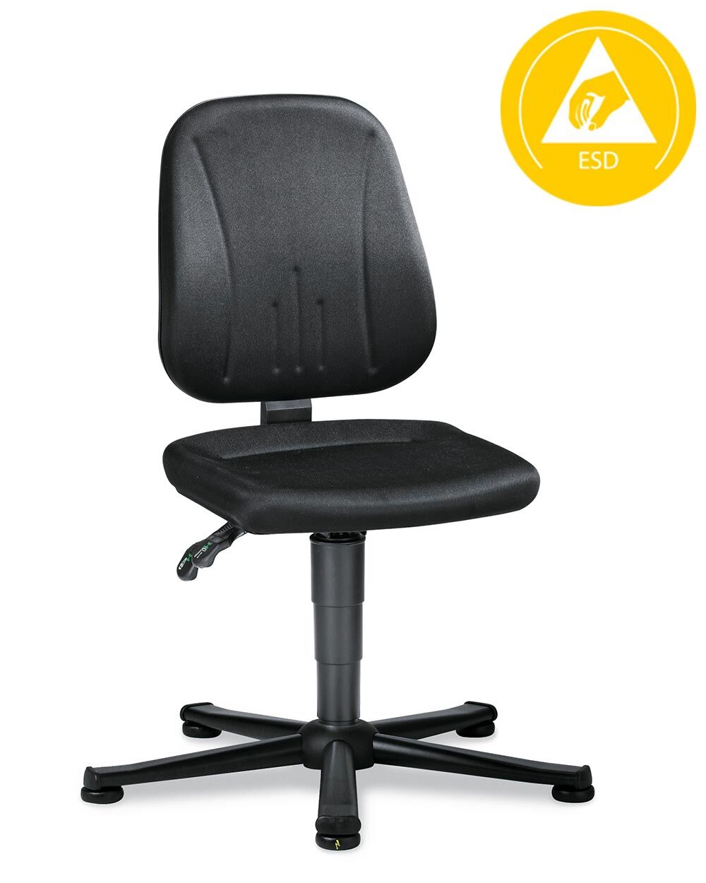 Schwarzer ergonomischer Bürostuhl mit ESD-Schutz, fünf Armen und gepolstertem Sitz- und Rückenelement.