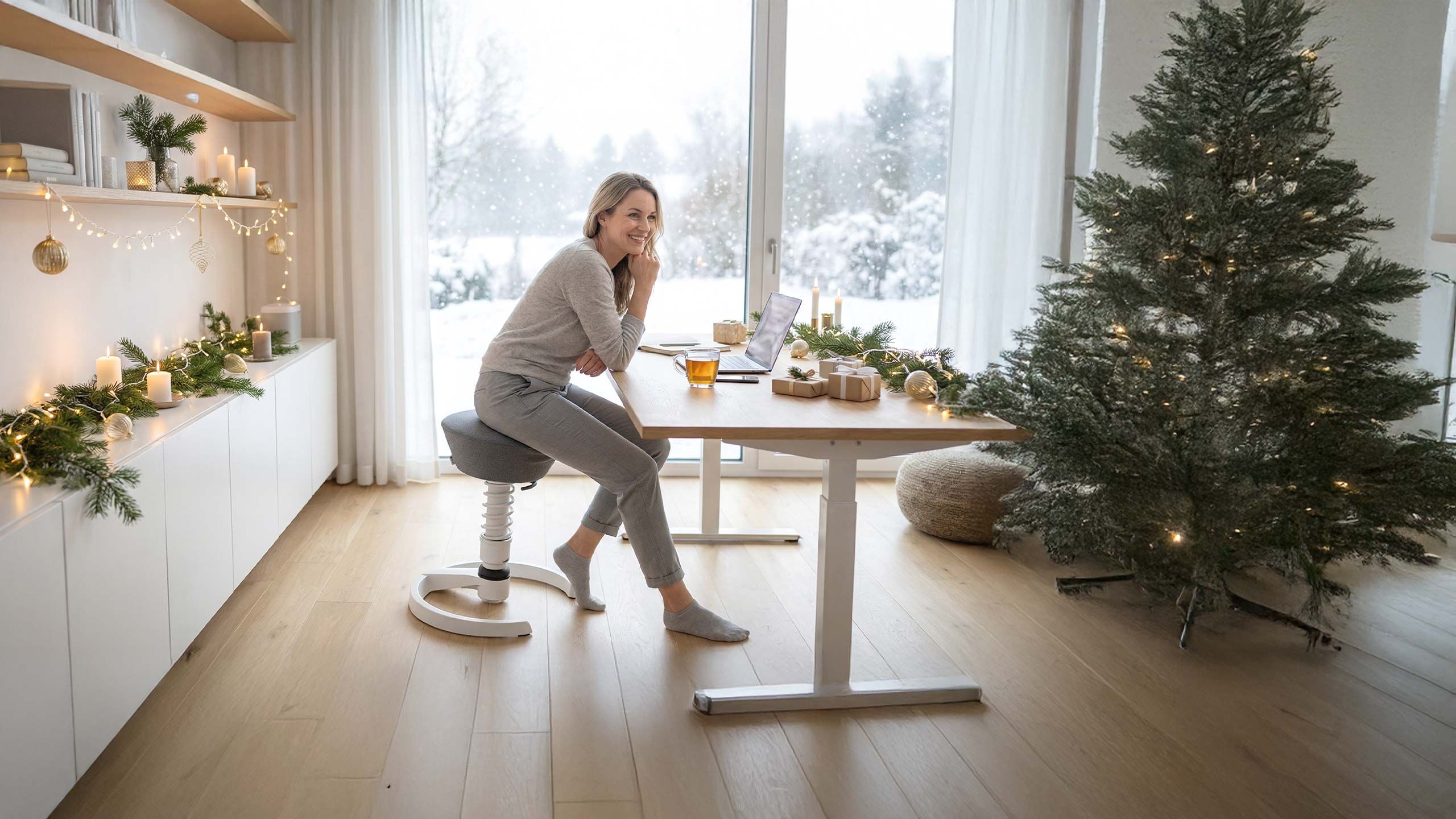 Frau sitzt auf ergonomischem Hocker an Schreibtisch mit Laptop, umgeben von weihnachtlicher Dekoration.