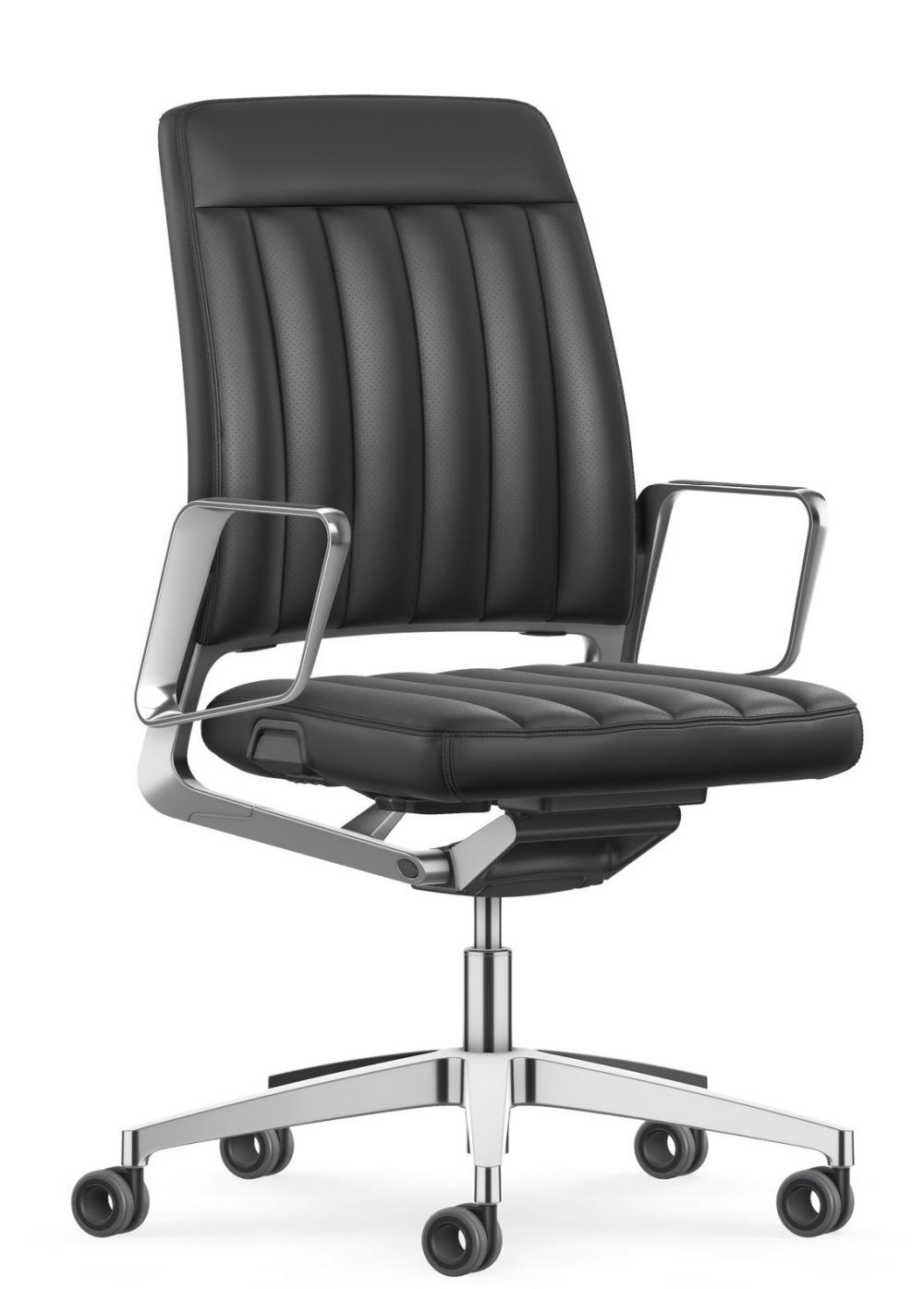 Eleganter schwarzer Bürostuhl mit ergonomischem Design, Armlehnen und fünfrollen-Basis für dynamisches Sitzen.