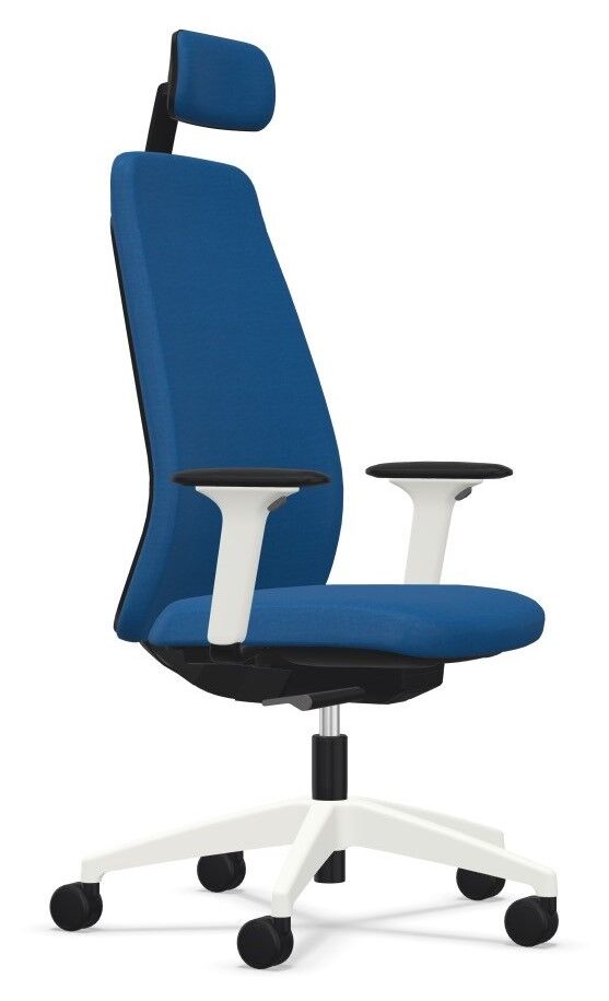 Ergonomischer Bürostuhl mit blauer Polsterung, verstellbarer Kopfstütze und weißem Gestell auf Rollen.