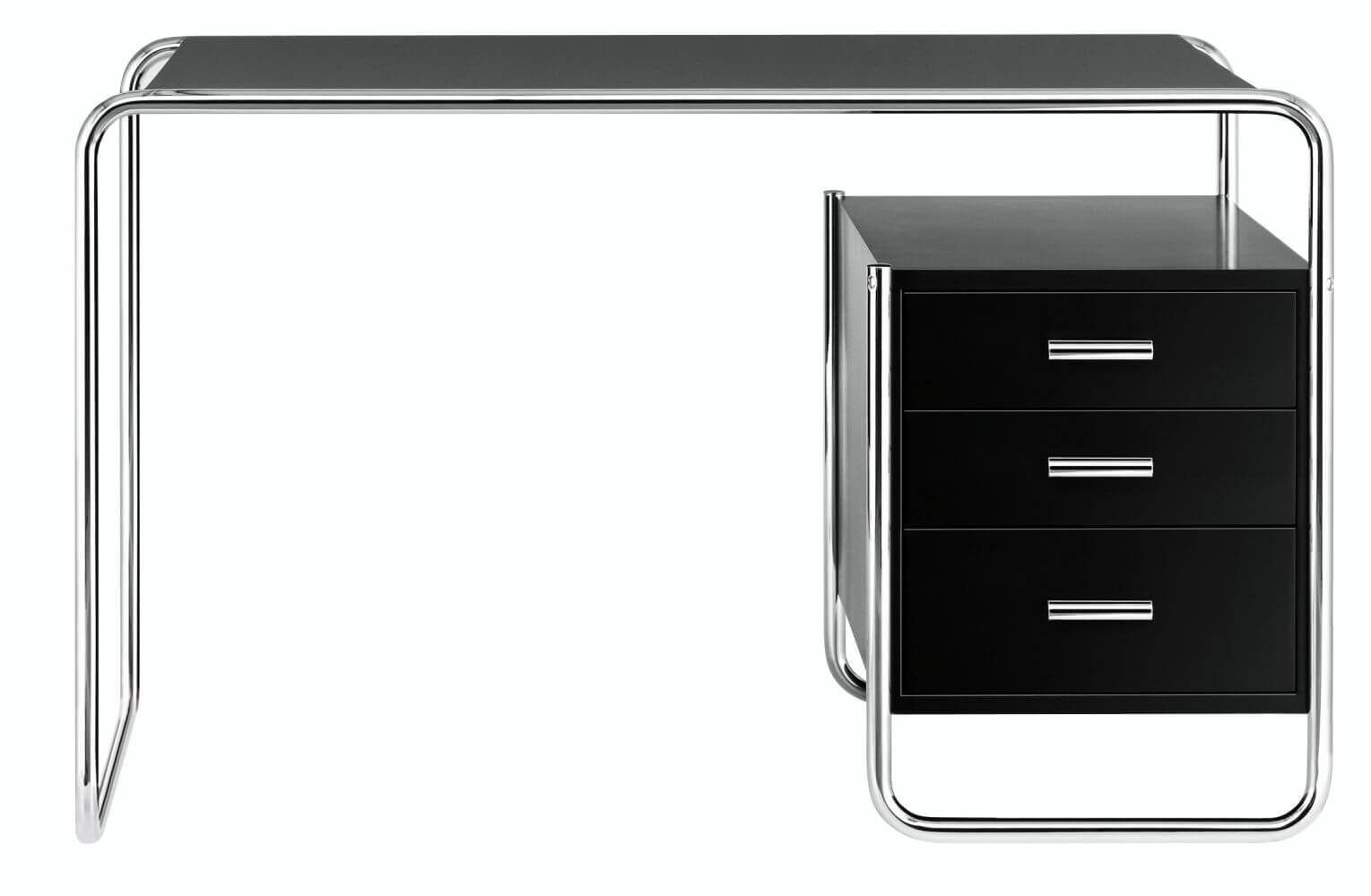 Minimalistischer schwarzer Schreibtisch mit Metallrahmen und schwarzer Schublade auf der rechten Seite.